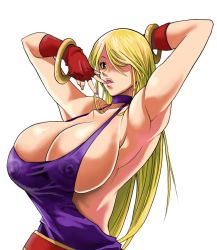 Rule 34 | 1girl, armpits, arms up, blonde hair, breasts, cleavage, dress, fatal fury, garou: mark of the wolves, gloves, huge breasts, jenet behrn, nail polish, signal-green, snk, solo, the king of fighters