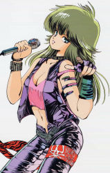 Rule 34 | 1980s (style), 1girl, armband, armlet, artist request, ayukawa madoka, big hair, blue eyes, breasts, camisole, choker, cleavage, crop top, fingerless gloves, gloves, green hair, kimagure orange road, leather, leather pants, long hair, matsumoto izumi, microphone, midriff, navel, non-web source, oldschool, open fly, pants, punk, retro artstyle, solo, studded bracelet, thigh strap, unzipped, vest