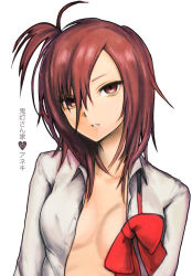Rule 34 | 1girl, asymmetrical hair, bad id, bad pixiv id, breasts, brown eyes, brown hair, cleavage, hoozuki-san chi no aneki, hoozuki haru, houzuki-san chi no aneki, houzuki haru, igarashi ran (igatz), igatz, large breasts, no bra, official art, open clothes, open shirt, original, ribbon, shirt, side ponytail, solo