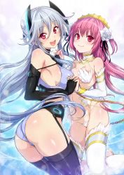 Rule 34 | 2girls, ass, back, breasts, chidorigafuchi aine, highres, large breasts, long hair, masou gakuen hxh, multiple girls, pink hair, red eyes, red hair, silver hair, smile, standing