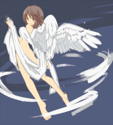 Rule 34 | 1girl, angel wings, arched back, ass, back, blue background, brown eyes, brown hair, closed mouth, clothes lift, elona, feathered wings, feathers, feet, from behind, full body, kakapo (artist), kneepits, looking at viewer, looking back, lulwy of wind, multicolored background, naked shawl, nude, off shoulder, shawl, short hair, smile, soles, solo, toes, two-tone background, white wings, wind, wings