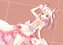 Rule 34 | 1girl, :d, alternate costume, collarbone, dress, dutch angle, fate/kaleid liner prisma illya, fate (series), hair ornament, illyasviel von einzbern, looking at viewer, nonono (nononotea), nononon, open mouth, pink theme, red eyes, ribbon, silver hair, simple background, skirt hold, smile, solo, waving