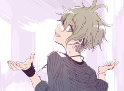 Rule 34 | 1boy, 4 (nakajima4423), amami rantaro, antenna hair, black bracelet, blue shirt, cafeteria, commentary request, danganronpa (series), danganronpa v3: killing harmony, earrings, eyelashes, fingernails, from behind, green eyes, green hair, indoors, jewelry, long sleeves, looking at viewer, looking back, male focus, multiple bracelets, multiple rings, open mouth, pendant, pink background, ring, shirt, short hair, shrugging, sketch, smile, solo, striped clothes, striped shirt, stud earrings, teeth, upper body, upper teeth only, vertical-striped sleeves, white bracelet, window