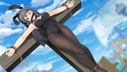 Rule 34 | 1girl, animal ears, armpits, bare shoulders, bdsm, black bow, black bowtie, black hair, black leotard, black pantyhose, blue eyes, blue sky, blurry, blush, bondage, bound, bow, bowtie, breasts, cloth gag, cloud, commentary request, covered navel, cross, crucifixion, day, depth of field, detached collar, dutch angle, fake animal ears, from below, gag, gagged, improvised gag, large breasts, leotard, long hair, looking at viewer, looking down, mixed-language commentary, nose blush, outdoors, outstretched arms, pantyhose, playboy bunny, rabbit ears, restrained, rope, sakurajima mai, seishun buta yarou, sky, solo, straight hair, strapless, strapless leotard, v-shaped eyebrows, yasume yukito