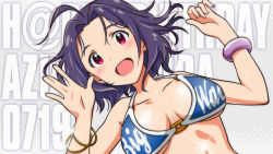 Rule 34 | 1girl, ahoge, akizuki ritchan, bikini, blue hair, breasts, halftone, halftone background, highres, idolmaster, idolmaster (classic), long hair, md5 mismatch, medium breasts, miura azusa, open mouth, red eyes, short hair, simple background, smile, solo, swimsuit, vector trace