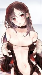 Rule 34 | 1girl, arm support, bare shoulders, black jacket, blush, breasts, brown dress, brown hair, collarbone, commentary request, dress, ear piercing, earrings, fang, fate/grand order, fate (series), fur-trimmed jacket, fur trim, head tilt, highres, jacket, jewelry, long hair, navel, off shoulder, open clothes, open jacket, parted bangs, parted lips, piercing, red eyes, small breasts, solo, strapless, strapless dress, tomozero, very long hair, yu mei-ren (fate)