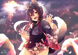 Rule 34 | 1girl, :d, animal ears, black kimono, black skirt, blush, breasts, brown eyes, brown hair, brown nails, chita (ketchup), commentary request, cowboy shot, ear piercing, fingernails, floral print, fox ears, fox girl, fox tail, gradient hair, hair between eyes, highres, japanese clothes, kimono, long hair, medium breasts, mountain, multicolored hair, nail polish, open mouth, original, outdoors, piercing, pleated skirt, print kimono, print skirt, red hair, rock, short kimono, signature, skirt, sky, smile, solo, star (sky), starry sky, tail, tree, v-shaped eyebrows, very long hair