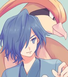 Rule 34 | 1boy, bird, blue eyes, blue hair, bright pupils, closed mouth, commentary request, creatures (company), falkner (pokemon), game freak, gen 1 pokemon, green background, hair over one eye, hand up, highres, jacket, japanese clothes, kimono, komasawa (fmn-ppp), looking to the side, male focus, nintendo, open clothes, open jacket, pidgeot, pokemon, pokemon (creature), pokemon hgss, short hair, smile