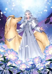 Rule 34 | 1girl, afghan hound, animal, argos (ff14), blue eyes, capelet, commentary request, dog, drawstring, elpis flower, falling petals, field, final fantasy, final fantasy xiv, flower, flower field, full body, glowing flower, grey hair, highres, hood, hood down, hooded capelet, korean commentary, leaf, light smile, long hair, looking at viewer, mask, mask around neck, outdoors, parted lips, petals, planet, robe, sky, sophist&#039;s robe (ff14), sparkle, standing, star (sky), starry sky, tassel, unworn mask, venat (ff14), wavy hair, white capelet, white robe, wide sleeves, wild5lee