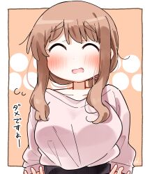 Rule 34 | 1girl, blush, breasts, brown background, brown hair, closed eyes, collarbone, commentary request, dash b, facing viewer, flying sweatdrops, highres, long hair, long sleeves, matsumoto yoriko, medium breasts, open mouth, pink sweater, puffy long sleeves, puffy sleeves, signature, solo, sweater, translation request, two-tone background, upper body, white background, yuyushiki