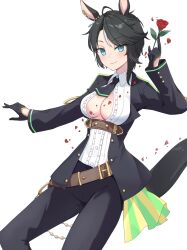 Rule 34 | 1girl, ahoge, animal ears, belt, black gloves, black hair, black jacket, black necktie, black pants, blue eyes, breasts, brown belt, center frills, chloette, cleavage, closed mouth, collared shirt, commentary request, commission, cowboy shot, ear ornament, ear piercing, falling petals, flower, frilled shirt, frills, fuji kiseki (umamusume), gloves, gold trim, hand up, highres, holding, holding flower, horse ears, horse girl, horse tail, jacket, long sleeves, looking at viewer, medium breasts, multicolored hair, necktie, open clothes, open jacket, pants, partial commentary, petals, piercing, red flower, red rose, rose, shirt, short hair, sidelocks, simple background, skeb commission, smile, solo, standing, standing on one leg, tail, umamusume, underbust, white background, white hair, white shirt