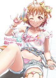 Rule 34 | 1girl, 2020, ;), ahoge, bare arms, bare legs, bikini, bikini under clothes, blue nails, bracelet, breasts, brown hair, cleavage, closed mouth, collarbone, earrings, grey shorts, gun, halterneck, happy birthday, highres, holding, holding gun, holding weapon, jewelry, looking at viewer, love live!, love live! sunshine!!, medium breasts, midriff, multicolored nails, nail polish, navel, one eye closed, open clothes, open shorts, orange nails, pink bikini, red eyes, short hair, short shorts, shorts, smile, solo, stomach, striped bikini, striped clothes, striped shorts, swimsuit, takami chika, thighlet, toine, vertical-striped clothes, vertical-striped shorts, water gun, weapon