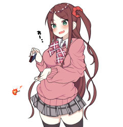 Rule 34 | 1girl, :d, akabane youko, bad id, bad pixiv id, black thighhighs, blush, bow, brown hair, cardigan, fang, fire, green eyes, hair ornament, hair scrunchie, highres, long hair, long sleeves, matchbox, matches, miniskirt, nijisanji, omas lie, one side up, open mouth, pink cardigan, plaid, plaid bow, plaid skirt, pleated skirt, red scrunchie, scrunchie, skirt, sleeves past fingers, sleeves past wrists, smile, solo, thighhighs, thighs, very long hair, virtual youtuber, white background, zettai ryouiki
