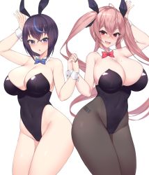 Rule 34 | 2girls, animal ears, barcode, blue eyes, blue neckwear, blush, borrowed character, bow, bowtie, breasts, cleavage, collarbone, commentary request, fake animal ears, hair ribbon, highres, kuavera, large breasts, leotard, long hair, miyako (kuavera), mole, mole on breast, mole under eye, multicolored hair, multiple girls, nail polish, original, pantyhose, pink hair, pink neckwear, playboy bunny, purple hair, rabbit ears, red eyes, ribbon, short hair, sidelocks, streaked hair, thighs, twintails, white background