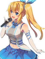 Rule 34 | 1girl, :d, armpits, bare shoulders, blonde hair, blue bow, blue bowtie, blue eyes, blue skirt, blush, bow, bowtie, bra strap, chiharu (9654784), collared shirt, commentary request, elbow gloves, gloves, grey shirt, hair between eyes, hair ornament, hand up, head tilt, highres, holding, holding microphone, long hair, looking at viewer, microphone, midriff, miniskirt, mirai akari, mirai akari project, navel, open mouth, pinky out, ribbed shirt, shirt, side ponytail, sidelocks, simple background, skirt, sleeveless, sleeveless shirt, smile, solo, teeth, upper teeth only, vest, virtual youtuber, white background, white gloves, white vest