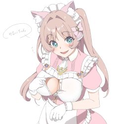Rule 34 | animal ears, breasts, cat ears, dress, fang, gloves, highres, looking at viewer, maid, miton (turuyasann), open mouth, original, pink hair, solo, translation request, white background, white gloves