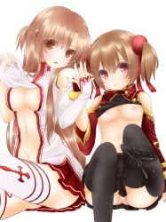 Rule 34 | 10s, 2girls, asuna (sao), bare shoulders, blush, breasts, brown eyes, brown hair, clothes lift, cum, cum on body, cum on lower body, detached sleeves, feet, fingerless gloves, gloves, hair ribbon, highres, holding hands, large breasts, long hair, midriff, miko (royal milk), multiple girls, navel, nipples, no shoes, panties, pantyshot, red eyes, ribbon, shirt lift, short twintails, silica, sword art online, tears, thighhighs, toes, twintails, underwear, white panties