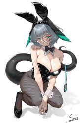Rule 34 | 1girl, absurdres, alternate costume, animal ears, aqua nails, arknights, bare shoulders, bespectacled, black-framed eyewear, black bow, black bowtie, black footwear, black leotard, black wings, blush, bow, bowtie, breasts, cleavage, closed mouth, commentary request, detached collar, fake animal ears, feathered wings, fingernails, fishnet pantyhose, fishnets, glasses, green eyes, green wings, grey hair, grey pantyhose, head wings, high heels, highres, ho&#039;olheyak (arknights), large breasts, leotard, long tail, looking at viewer, nail polish, own hands together, pantyhose, playboy bunny, rabbit ears, round eyewear, short hair, signature, simple background, smile, snake tail, squatting, strapless, strapless leotard, sviggum, tail, white background, white wrist cuffs, wings, wrist cuffs