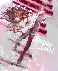 Rule 34 | 10s, 1girl, ahoge, bare shoulders, black footwear, black thighhighs, boots, brown hair, brown skirt, burning love (phrase), chimoon, detached sleeves, double bun, frilled skirt, frills, hair bun, hairband, headgear, heart, kantai collection, kongou (kancolle), lace, lace-trimmed legwear, lace trim, leaning forward, looking at viewer, nontraditional miko, outstretched hand, pleated skirt, purple eyes, ribbon-trimmed sleeves, ribbon trim, skirt, solo, thigh boots, thighhighs, zettai ryouiki