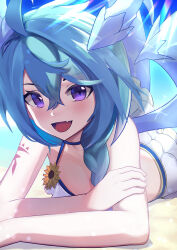 Rule 34 | 1girl, ahoge, bikini, bikini skirt, blue hair, blush, braid, crossed arms, dragon girl, dragon horns, dragon tail, dragon wings, fang, flower, halterneck, hanba rou, highres, horns, long hair, looking at viewer, lying, on stomach, open mouth, outdoors, princess connect!, purple eyes, sand, shefi (princess connect!), skin fang, slit pupils, smile, sparkle, sunflower, swimsuit, tail, wings