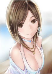 Rule 34 | 1girl, bad id, bad pixiv id, bare shoulders, bikini, bikini top only, blurry, blurry background, breasts, brown eyes, brown hair, choker, cleavage, close-up, closed mouth, collarbone, earrings, glint, head tilt, jewelry, looking at viewer, love plus, md5 mismatch, medium breasts, nannacy7, necklace, off shoulder, open clothes, open shirt, shirt, short hair, smile, solo, swimsuit, takane manaka, upper body, white bikini, white shirt