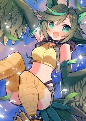 Rule 34 | 1girl, absurdres, animal ears, asekeu, bare shoulders, bird legs, black vest, blush, breasts, cat ears, choker, crop top, feathered wings, feathers, green eyes, green feathers, green hair, green wings, harpy, highres, long hair, looking at viewer, medium breasts, midriff, monster girl, open mouth, original, quill (asekeu), shorts, solo, spiked anklet, spiked choker, spikes, talons, tank top, vest, winged arms, wings, yellow tank top