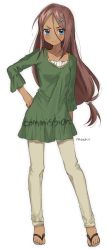 Rule 34 | 1girl, ahagon umiko, blue eyes, blush, brown hair, closed mouth, commentary request, commission, contrapposto, dark skin, dark-skinned female, dress, full body, green dress, grey pants, hair ornament, hairclip, hand on own hip, highres, long hair, looking at viewer, low-tied long hair, mochii, new game!, pants, sandals, short dress, signature, simple background, solo, watermark, white background, x hair ornament