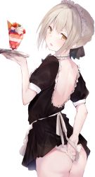 Rule 34 | 1girl, :o, apron, arm behind back, artoria pendragon (all), artoria pendragon (fate), ass, bare back, black dress, black skirt, blush, braid, breasts, choker, covering privates, covering ass, dress, fate/grand order, fate (series), food, french braid, from behind, fruit, hair between eyes, hair ribbon, highres, holding, holding tray, ice cream, light brown hair, looking at viewer, maid, maid apron, maid headdress, miniskirt, official alternate costume, open mouth, orange eyes, panties, pleated skirt, puffy sleeves, ribbon, saber (fate), sai (saipoko), short dress, short hair, short sleeves, simple background, skirt, strawberry, tray, underwear, wedgie, white background, white panties