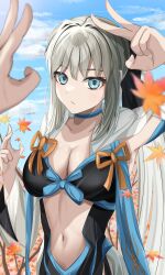 Rule 34 | 1girl, :/, absurdres, autumn leaves, black bow, blue choker, blue eyes, blue sky, blurry, bow, breasts, choker, cleavage, closed mouth, cloud, collarbone, cowboy shot, day, depth of field, falling leaves, fate/grand order, fate (series), grey hair, hair bow, highres, large breasts, leaf, long hair, long sleeves, looking at viewer, morgan le fay (fate), navel, outdoors, shoshi12, sky, solo focus, upper body, very long hair