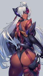 Rule 34 | 1girl, absurdres, ahoge, ass, bare shoulders, blue eyes, breasts, dark-skinned female, dark skin, elbow gloves, forehead protector, from behind, gloves, grey background, grin, highres, huge ass, leotard, long hair, negresco, parted lips, shiny skin, sideboob, simple background, smile, solo, standing, t-elos, thigh strap, very long hair, xenosaga
