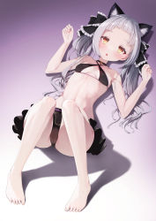 Rule 34 | 1girl, absurdres, alternate costume, alternate hairstyle, animal ear fluff, animal ears, armpits, ass, bad feet, bikini, black bikini, blush, breasts, cat ears, choker, collarbone, commentary request, eyelashes, forehead, frilled ribbon, frilled swimsuit, frills, from above, full body, gradient background, hair ribbon, halterneck, hands up, highres, hololive, kage (ka 9e 4su), legs, looking at viewer, lying, murasaki shion, murasaki shion (hololive summer 2019), navel, on back, open mouth, purple background, pussy, ribbon, see-through, shadow, sidelocks, silver hair, small breasts, solo, stomach, swimsuit, thighs, twintails, virtual youtuber, white background, yellow eyes