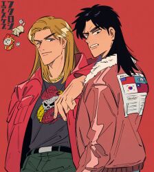 Rule 34 | 2boys, american flag, arm on another&#039;s shoulder, belt, black belt, black eyes, black hair, blonde hair, bomber jacket, brown jacket, closed mouth, commentary request, dragon print, green pants, highres, inudori, itou kaiji, jacket, kaiji, kitami (kaiji), long hair, long sleeves, looking at viewer, male focus, medium bangs, multiple boys, open clothes, open jacket, pants, parted bangs, print shirt, red background, red jacket, republic of china flag, shirt, simple background, skull print, smile, south korean flag, united nations flag, upper body, v-shaped eyebrows