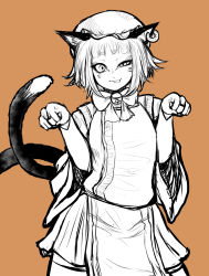 Rule 34 | 1girl, animal ear fluff, animal ears, cat ears, cat girl, cat tail, chen, closed mouth, commentary request, cowboy shot, earrings, facial mark, greyscale with colored background, hat, highres, jewelry, miazuma sarin, mob cap, monochrome, multiple tails, nekomata, orange background, paw pose, shirt, short eyebrows, short hair, simple background, single earring, smile, solo, tail, tongue, tongue out, touhou, two tails, uneven eyes, whisker markings