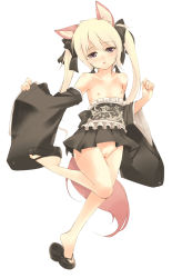 Rule 34 | 1girl, animal ears, blonde hair, blush, bow, detached sleeves, elin, female focus, flat chest, fox ears, full body, hair ornament, hair ribbon, highres, japanese clothes, kimono, lips, long hair, looking at viewer, nipples, no panties, open mouth, panties, parted lips, purple eyes, pussy, ribbon, sandals, shoe dangle, shoes, short kimono, simple background, solo, standing, standing on one leg, tail, tama (tamatamo), tera online, thighhighs, twintails, uncensored, underwear, white background, white panties, white thighhighs