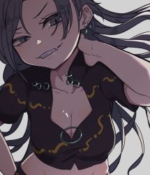 Rule 34 | 1girl, arm up, breasts, cleavage, earrings, eyes visible through hair, fang, grey background, grey eyes, grey hair, grin, hand on own hip, highres, himemushi momoyo, jewelry, large breasts, long hair, looking at viewer, marsen, midriff, ring, short sleeves, simple background, skin fang, smile, solo, touhou, uneven eyes, upper body, very long hair