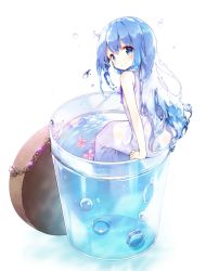 Rule 34 | 10s, 1girl, bad id, bad pixiv id, bare arms, bare shoulders, blue dress, blue eyes, cup, dress, drinking glass, jewelry, liquid hair, long hair, looking at viewer, looking back, merc (merc storia), merc storia, mini person, minigirl, ring, shnva, sitting, sleeveless, sleeveless dress, smile, soaking feet, solo, very long hair, white dress