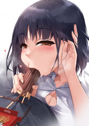Rule 34 | 1girl, black hair, blush, breasts, brown hair, button gap, cleavage, commentary, dress shirt, drooling, fellatio, fingernails, food, food in mouth, full mouth, gao (gaolukchup), tucking hair, half-closed eyes, hand up, heart, highres, holding, holding food, looking at viewer, medium breasts, oral, original, pocky, pocky day, saliva, saliva trail, school uniform, sexually suggestive, shirt, simulated fellatio, solo, too many in mouth, upper body, white background, white shirt