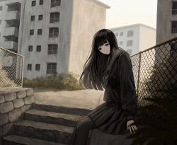 Rule 34 | 1girl, apartment, black eyes, black hair, black pantyhose, black serafuku, black shirt, black skirt, blunt bangs, building, chain-link fence, closed mouth, commentary, day, feet out of frame, fence, from side, grey neckerchief, grey sailor collar, highres, kiro (ntcm8883), long hair, long sleeves, looking at viewer, looking to the side, neckerchief, original, outdoors, pantyhose, plant, pleated skirt, sailor collar, sailor shirt, school uniform, serafuku, shirt, sitting, skirt, smile, solo, stairs, stone wall, straight hair, wall