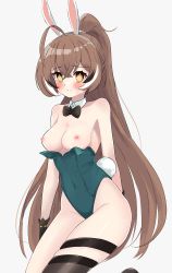 Rule 34 | 1girl, absurdres, ahoge, animal ears, arms at sides, arms behind back, bare shoulders, blush, bow, bowtie, breasts, breasts out, brown hair, cleavage, closed mouth, collarbone, covered navel, cowboy shot, crossed bangs, detached collar, empty eyes, fake animal ears, fake tail, gloves, green leotard, hair between eyes, hair ornament, hairclip, highleg, highleg leotard, highres, hololive, hololive english, leotard, long hair, looking at viewer, magui3, medium breasts, multicolored hair, nanashi mumei, nervous, nervous smile, nipples, playboy bunny, ponytail, rabbit ears, rabbit tail, simple background, single thighhigh, smile, solo, strapless, strapless leotard, streaked hair, sweatdrop, tail, thigh strap, thighhighs, topless, traditional bowtie, very long hair, virtual youtuber, yellow eyes