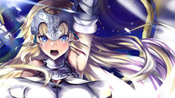 Rule 34 | 1girl, arm up, armor, bare shoulders, blonde hair, blue eyes, breasts, chain, close-up, detached sleeves, ep (emio parn), fate/apocrypha, fate/grand order, fate (series), headpiece, highres, jeanne d&#039;arc (fate), jeanne d&#039;arc (ruler) (fate), jeanne d&#039;arc (third ascension) (fate), long hair, open mouth, solo, upper body