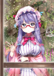 Rule 34 | 1girl, artist name, bespectacled, blue bow, blush, book, bow, crescent, crescent hair ornament, dr poapo, dress, fish, glasses, hair bow, hair ornament, hat, highres, long hair, long sleeves, looking at viewer, mob cap, patchouli knowledge, purple eyes, purple hair, rain, red-framed eyewear, red bow, sidelocks, solo, striped clothes, striped dress, touhou, wide sleeves, window