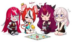 Rule 34 | 4girls, airani iofifteen, blood, blush, board game, dasdokter, dice, gradient hair, hakos baelz, heterochromia, hololive, hololive english, hololive indonesia, horns, irys (hololive), irys (irys 1.0) (hololive), kureiji ollie, long hair, monopoly, multicolored hair, multiple girls, nosebleed, open mouth, patchwork skin, pink hair, pointy ears, purple eyes, purple hair, red hair, virtual youtuber, zombie