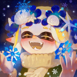 Rule 34 | 1girl, asymmetrical hair, blonde hair, blue flower, blush, braid, brown scarf, closed eyes, colored tongue, commentary request, dmwggg, ear blush, eyebrow cut, fangs, flower, fur-trimmed sleeves, fur trim, green jacket, hands up, happy, head wreath, inkling, inkling girl, inkling player character, jacket, long hair, nintendo, open mouth, pointy ears, portrait, scarf, seashell, shell, single braid, snowflakes, snowing, solo, splatoon (series), splatoon 3, tentacle hair, winter, yellow tongue