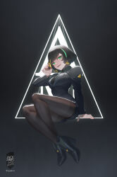 Rule 34 | 1girl, absurdres, allmind (armored core 6), armored core, armored core 6, artist name, backlighting, black background, black hair, black necktie, bob cut, brown pantyhose, character logo, dated, earrings, evil smile, green eyes, grey shirt, high heels, highres, jack arms, jewelry, legs, looking at viewer, necktie, office lady, pantyhose, personification, shirt, short hair, smile, solo, thighband pantyhose, triangle earrings, upskirt