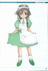 Rule 34 | 1girl, absurdres, ankle socks, apron, artbook, braid, braided ponytail, buttoned cuffs, buttons, character name, clothes lift, collar, collared dress, dress, dress lift, english text, fujishima kousuke, green footwear, green ribbon, green sleeve cuffs, green stripes, grey eyes, grey hair, hair behind ear, hair between eyes, hair ribbon, halftone, haruno kotori, highres, holding, holding apron, holding clothes, holding dress, horizontal-striped sleeve cuffs, kita e, lace-trimmed apron, lace-trimmed socks, lace trim, looking to the side, mary janes, medium hair, moire, numbered, parted lips, puffy sleeves, ribbon, scan, shoes, short sleeves, single braid, smile, socks, solo, standing, striped clothes, striped dress, striped ribbon, vertical-striped clothes, vertical-striped dress, vertical-striped sleeves, wavy hair, white apron, white background, white collar, white socks