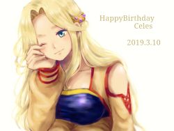 Rule 34 | 1girl, 2019, ;), amano yoshitaka design, aqua eyes, blonde hair, breasts, celes chere, closed mouth, collarbone, dated, final fantasy, final fantasy vi, fingernails, hair intakes, hand on own face, hand up, happy birthday, ichi (pixiv6373491), long hair, long sleeves, medium breasts, one eye closed, simple background, smile, solo, straight hair, white background