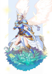 Rule 34 | 1girl, absurdres, armor, armored boots, armored dress, blue armor, boots, feathers, flower, gold, helmet, highres, kamenzhui, lenneth valkyrie, long hair, plant, shoulder armor, silver hair, solo, sword, valkyrie, valkyrie profile (series), weapon, winged helmet, wings