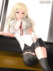 Rule 34 | 10s, 1girl, black thighhighs, blonde hair, bra, breasts, brown eyes, cleavage, guilty crown, kuhouin arisa, lace, lace-trimmed bra, lace trim, lingerie, long hair, niwatori kokezou, open clothes, open shirt, pink bra, pleated skirt, ribbon, school uniform, shirt, skirt, small breasts, solo, thighhighs, underwear