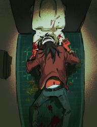 Rule 34 | 1boy, absurdres, ass, bandaged head, bandages, black hair, blood, blood splatter, brown jacket, butt crack, feet out of frame, from above, grey pants, highres, indoors, itou kaiji, jacket, kaiji, long hair, long sleeves, male focus, male underwear, mimulishizi, pants, solo, toilet, toilet stall, underwear, white male underwear