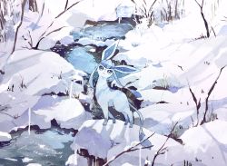 Rule 34 | blue eyes, branch, creatures (company), game freak, gen 4 pokemon, glaceon, grass, highres, kamonabe (kamonabeekon), looking at viewer, nature, nintendo, no humans, outdoors, pokemon, pokemon (creature), snow, solo, standing, stream, water